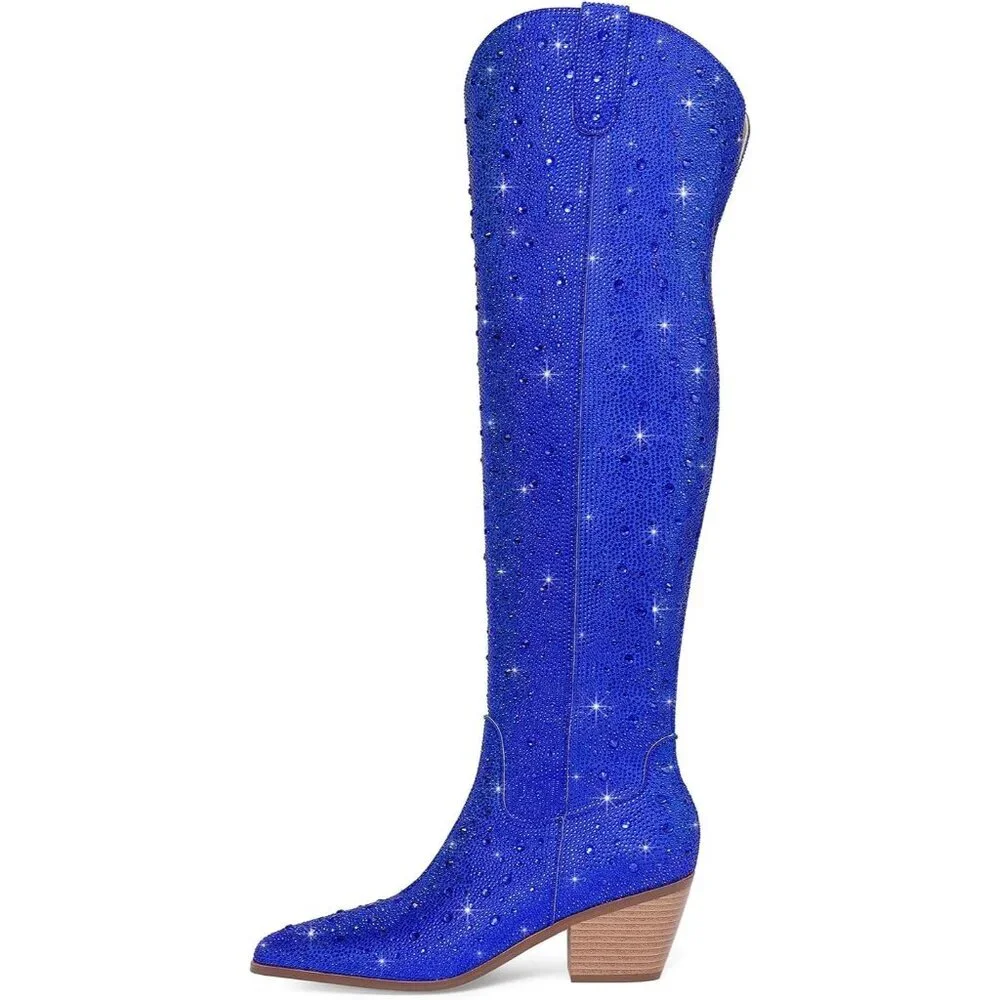 Women Blue Faux Leather Sparkly Bling Rhinestone Over the Knee Cowboy Boots